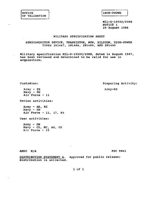 MIL MIL-S-19500/208B Notice 1 - Validation