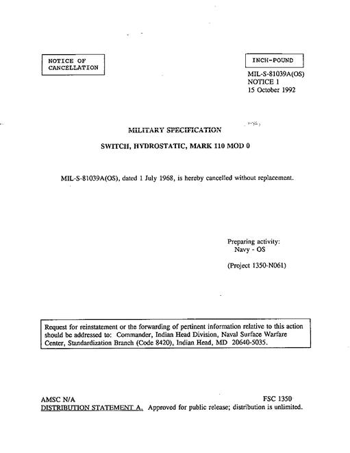 MIL MIL-S-81039A Notice 1 - Cancellation