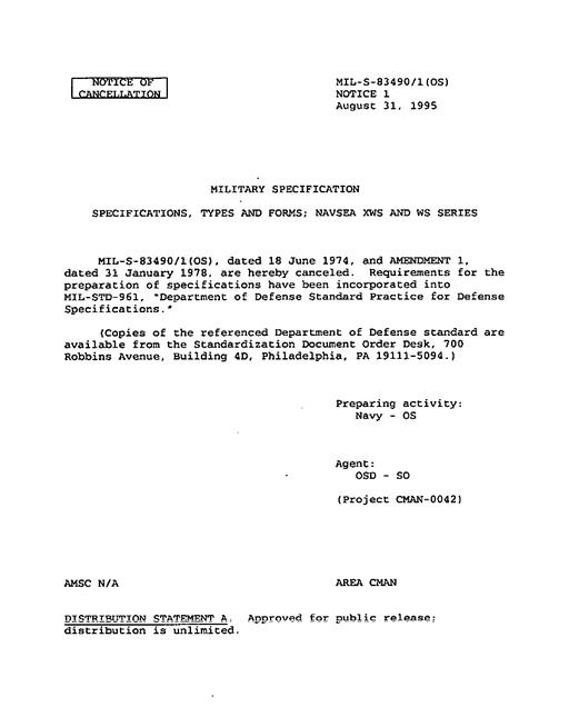 MIL MIL-S-83490/1 Notice 1 - Cancellation