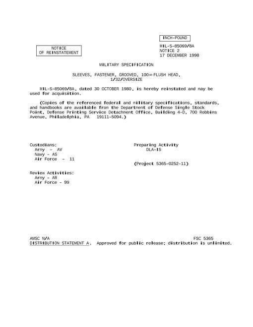 MIL MIL-S-85069/8A Notice 2 - Reactivation