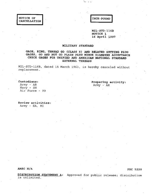 MIL MIL-STD-116B Notice 1 - Cancellation