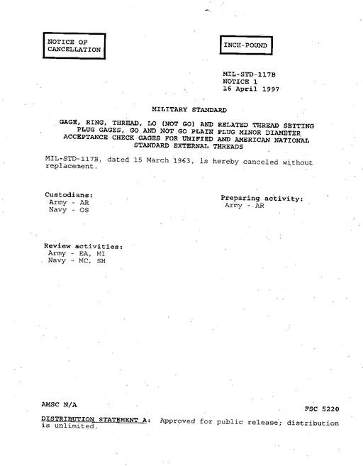 MIL MIL-STD-117B Notice 1 - Cancellation